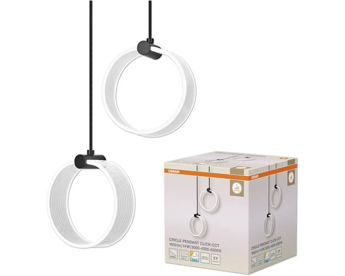 Zwei runde LED Pendelleuchten mit Textilkabel und Osram Verpackung.