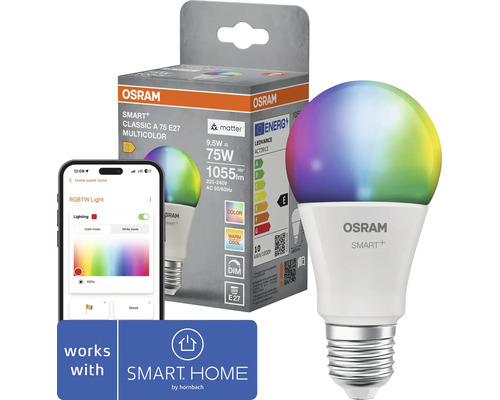 Osram Smart Plus LED Leuchtmittel E27 mit Verpackung und Smartphone Steuerung kompatibel mit Hornbach Smart Home