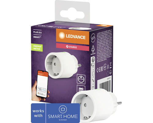 Ledvance Smart Plus Zigbee Steckdose mit Energiemessung in Verpackung mit Smartphone Anzeige und Hornbach Smart Home Logo.