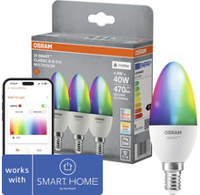 Set aus drei Osram Smart Plus Classic B E14 LED Lampen multicolor steuerbar per App mit Energieeffizienzklasse F