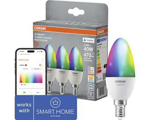 Set aus drei Osram Smart Plus Classic B E14 LED Lampen multicolor steuerbar per App mit Energieeffizienzklasse F