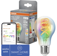 Osram Smart Plus Filament LED Lampe E27 mit Multicolor Funktion in Verpackung neben Smartphone mit Steuerungs App und Hornbach Smart Home Logo