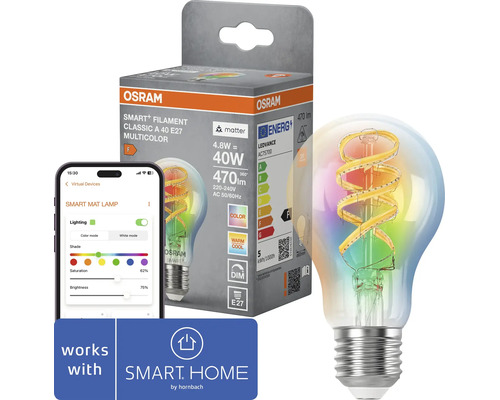Osram Smart Plus Filament LED Lampe E27 mit Multicolor Funktion in Verpackung neben Smartphone mit Steuerungs App und Hornbach Smart Home Logo