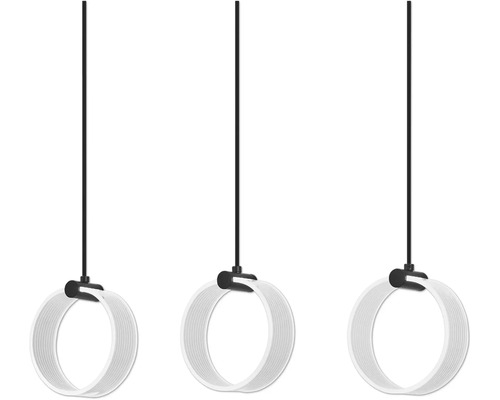 Drei moderne LED Pendelleuchten mit kreisförmigen Lichtelementen und schmalen Aufhängungen.