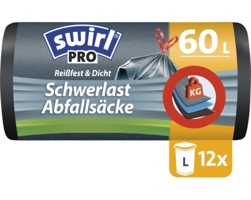 Swirl Pro Schwerlast Abfallsäcke 60 Liter, 12 Stück, reißfest und dicht