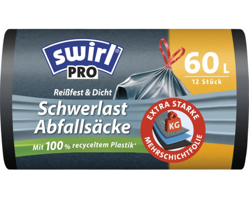 Swirl Pro Schwerlast Abfallsäcke 60 Liter 12 Stück aus recyceltem Kunststoff mit Zugband