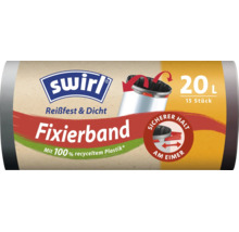 Swirl Müllbeutel mit Fixierband, 20 Liter, 15 Stück, reißfest und dicht, aus 100 Prozent recyceltem Plastik.