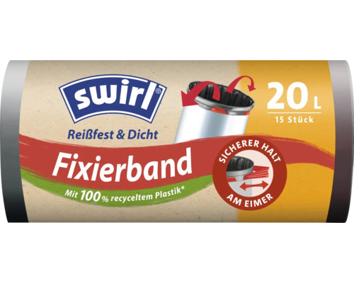 Swirl Müllbeutel mit Fixierband, 20 Liter, 15 Stück, reißfest und dicht, aus 100 Prozent recyceltem Plastik.