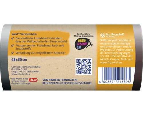 Informationen auf der Verpackung von Swirl Müllbeuteln mit den Maßen 48 mal 50 Zentimeter inklusive Herstellerinformationen und Barcode.