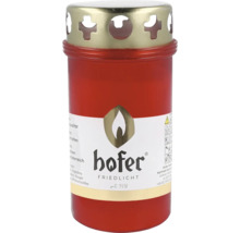 Hofer Friedlicht Grabkerze in roter Kunststoffhülle mit goldfarbenem Metalldeckel und Logoaufdruck.