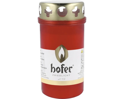 Hofer Friedlicht Grabkerze in roter Kunststoffhülle mit goldfarbenem Metalldeckel und Logoaufdruck.