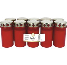 Set aus roten Grablichtern mit Metalldeckel und Hofer Logo Label