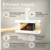 Wand-Elektrokamin mit Flammen-Effekt, Thermostat, Timer und leisen Lüftern für Räume bis 30 Quadratmeter, effizient und energiesparend heizen.