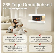 Wandmontierter Elektrokamin mit LED Flammeneffekt, Sicherheitsmerkmalen wie Überhitzungsschutz und Cool-Touch-Oberfläche für ein Wohnzimmer.
