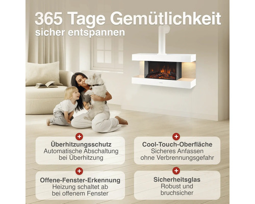 Wandmontierter Elektrokamin mit LED Flammeneffekt, Sicherheitsmerkmalen wie Überhitzungsschutz und Cool-Touch-Oberfläche für ein Wohnzimmer.