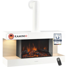 Elektrischer Wandkamin von KAMINIO mit Kaminrohr, täuschend echtem Flammenbild, Holzscheitimitation und Fernbedienung, inklusive Prüfsiegel.