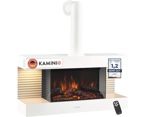 Elektrischer Wandkamin von KAMINIO mit Kaminrohr, täuschend echtem Flammenbild, Holzscheitimitation und Fernbedienung, inklusive Prüfsiegel.