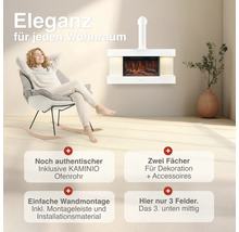 Elektrischer Wandkamin mit Kaminio Ofenrohr und integrierten Ablagefächern zur Dekoration in einem wohnlichen Raum mit Frau im Schaukelstuhl.