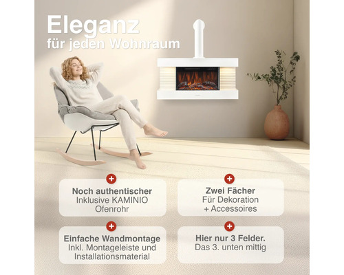 Elektrischer Wandkamin mit Kaminio Ofenrohr und integrierten Ablagefächern zur Dekoration in einem wohnlichen Raum mit Frau im Schaukelstuhl.