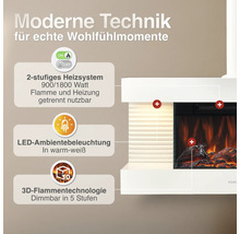Elektrokamin mit Heizsystem 900 oder 1800 Watt, LED Ambientebeleuchtung und 3D Flammeneffekt mit 5 Dimmstufen für gemütliche Wärme.