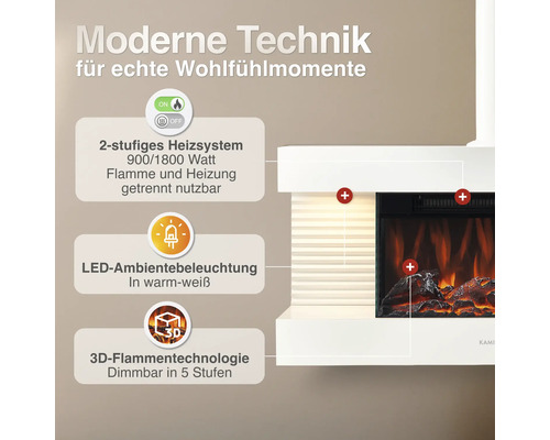 Elektrokamin mit Heizsystem 900 oder 1800 Watt, LED Ambientebeleuchtung und 3D Flammeneffekt mit 5 Dimmstufen für gemütliche Wärme.