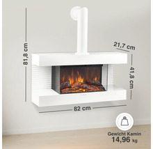 Elektrischer Wandkamin mit Flammeneffekt und Maßen 82 mal 81,8 mal 21,7 Zentimeter sowie einem Gewicht von 14,96 Kilogramm.