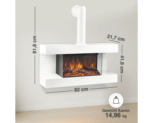 Elektrischer Wandkamin mit Flammeneffekt und Maßen 82 mal 81,8 mal 21,7 Zentimeter sowie einem Gewicht von 14,96 Kilogramm.