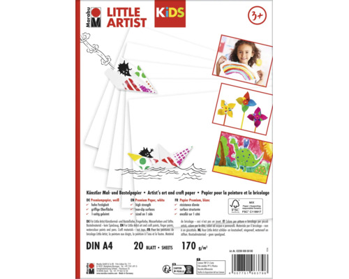 Marabu Little Artist Malkarton DIN A4, 20 Blatt, 170 Gramm pro Quadratmeter, weißes Zeichenpapier für Kinder, FSC zertifiziert