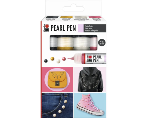 Marabu Pearl Pen Set mit vier Perlenfarben in 25 Milliliter Tuben für dekorative Applikationen auf Textilien, Accessoires und Oberflächen.