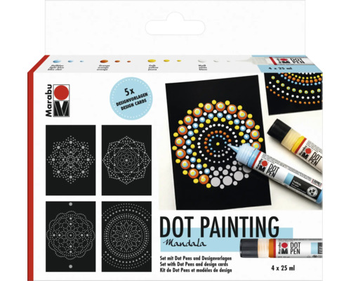 Marabu Dot Painting Mandala Set mit vier Dot Pens zu je 25 Milliliter und fünf Designvorlagen zum Erstellen von Punktmustern.