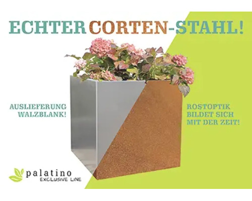 Quadratischer Pflanzkübel aus Cortenstahl von Palatino Exclusive Line, walzblank geliefert mit sich entwickelnder Rostoptik.