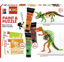 Marabu Kids Paint and Puzzle Bastelset mit zwei 3D Dinosaurier Puzzles, drei Tuben Bastelfarbe und einem Pinsel für Kinder ab vier Jahren.