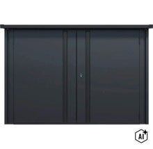 Metall Gartenschrank mit Doppeltüren und Schloss für die sichere Aufbewahrung im Außenbereich. (Image AI modified or generated)