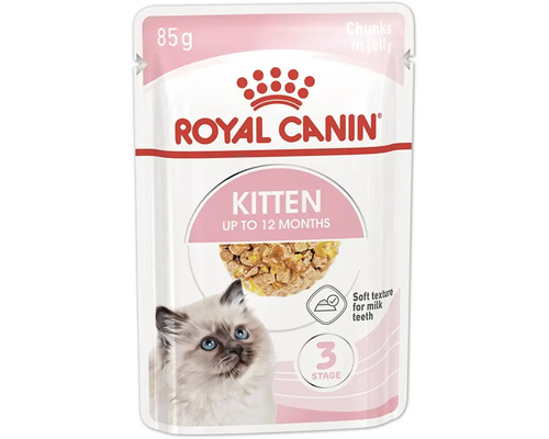 Royal Canin Kitten Nassfutter für Katzenbabys bis zwölf Monate in einem 85 Gramm Frischebeutel mit Stückchen in Gelee.