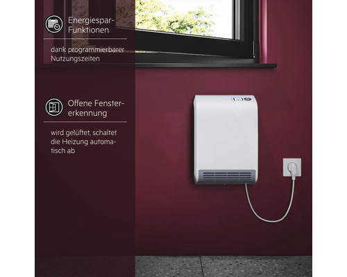 Wandheizlüfter mit programmierbaren Nutzungszeiten und Fenster-offen-Erkennung zur automatischen Abschaltung an einer Wand montiert.