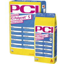 Zwei Säcke PCI Polycret 5 Betonspachtel für Wand und Decke zum Ausgleichen von Untergründen im Innen- und Außenbereich.