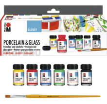 Marabu Porzellan und Glasfarben Set mit 6 Farben in 15 Milliliter Flaschen und einem Pinsel für dekorative Gestaltungen auf Glas und Keramik