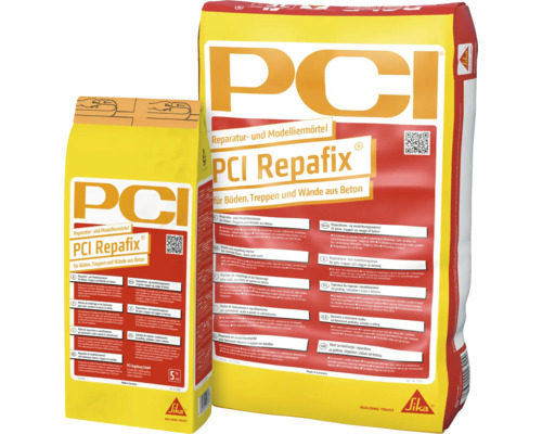 Zwei Gebinde PCI Repafix Reparatur- und Modelliermörtel für Betonböden und Wände mit Sika Logo