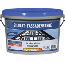 Eimer Silikat Fassadenfarbe von Hornbach für mineralische Untergründe, 2,5 Liter Gebinde für etwa 15 Quadratmeter.