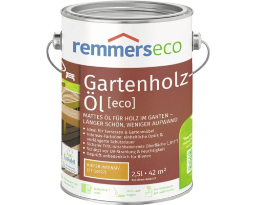 Dose Remmers Eco Gartenholz Öl in Kiefer Intensiv, 2,5 Liter, für Terrassen und Gartenmöbel, rutschhemmend, UV-beständig und feuchtigkeitsschützend.