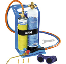 CFH Schweißgerät Set mit Gasflaschen, Tragegestell, Schweißbrenner, Schutzbrille und Zubehör für Schweißarbeiten.