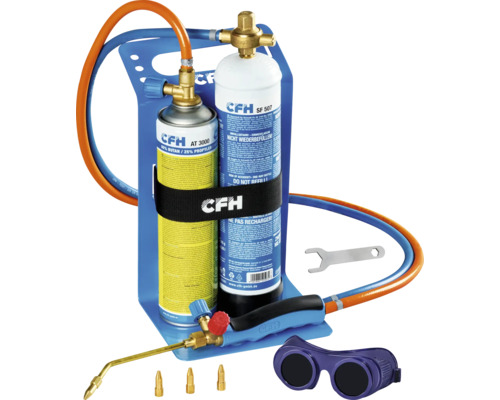 CFH Schweißgerät Set mit Gasflaschen, Tragegestell, Schweißbrenner, Schutzbrille und Zubehör für Schweißarbeiten.