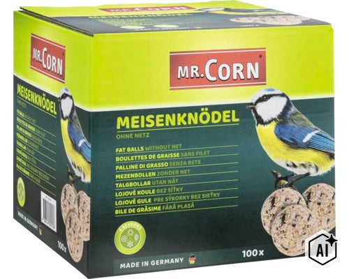 Karton mit 100 Meisenknödeln ohne Netz von Mr. Corn als Vogelfutter für alle Jahreszeiten (Image AI modified or generated)