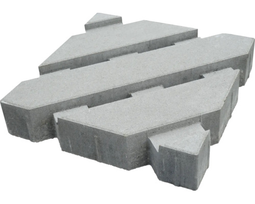 Ein einzelner Pflasterstein aus Beton in spezieller geometrischer Form für die Gestaltung von Einfahrten oder Gehwegen.