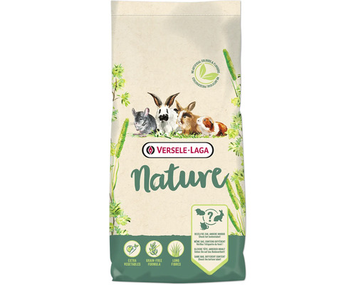 Versele-Laga Nature Tierfutterpackung mit Illustrationen von Nagetieren, getreidefreie Formel mit extra Gemüse und langen Fasern.