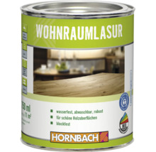 Dose Hornbach Wohnraumlasur für Holzoberflächen, 750 Milliliter, wasserfest und abwaschbar, mit Blauer Engel Umweltzeichen.