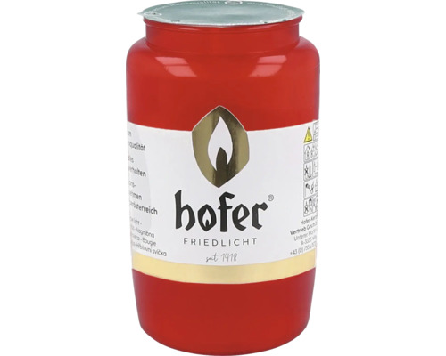 Hofer Friedlicht Grabkerze in roter Kunststoffhülle mit Metalldeckel und Logoaufdruck