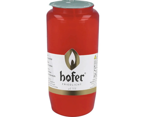 Rote Grabkerze Hofer Friedlicht mit Deckel und Sicherheitshinweisen