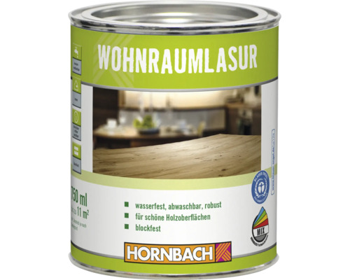 HORNBACH Wohnraumlasur Dose 750 Milliliter für Holzoberflächen im Innenbereich, wasserfest und robust mit Blauer Engel Umweltzeichen.
