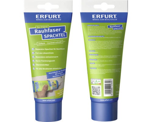 Erfurt Rauhfaser Spachtel in der Tube zur Reparatur von Rissen und Bohrlöchern auf Rauhfasertapeten.
